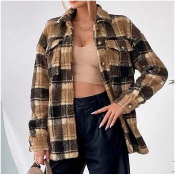 Sherpa plaid brown black button down teddy jacket - Picture 2 of 5